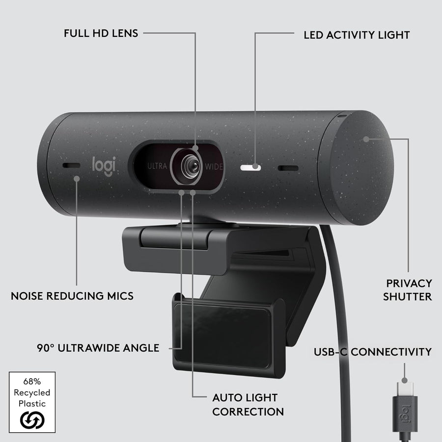 Logitech Brio 500 Full HD Webcam with Auto Light Correction, Show Mode, Dual Noise Reduction Mics, Webcam Privacy Cover, Works with Microsoft Teams, Google Meet, Zoom, USB-C Cable, Streaming-Graphite