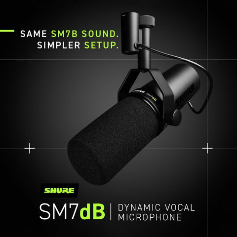 Shure SM7dB Dynamic Vocal Microphone with Built-in Preamp for Streaming, Podcast, and Recording, Wide-Range Frequency, Warm and Smooth Sound, XLR, Black
