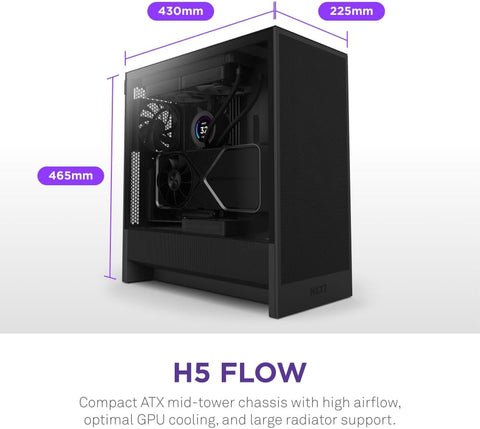 NZXT H5 Flow - Compact ATX Mid-Tower PC Gaming Case - High Airflow - 2 x 120mm Fans Included - 360mm Front & 240mm Top Radiator Support - Cable Management System - Tempered Glass - Black