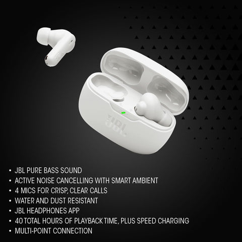 JBL Wave Beam 2 Wireless Noise Cancelling Bluetooth Earbuds with 40 h Playtime Pure Bass Sound Smart Ambient Technology and Multi Point Connection Closed Back Stick Design Black Headphones