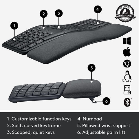 Logitech Ergo K860 Wireless Ergonomic, Split Layout, Wrist Rest, Natural Typing, Stain-Resistant Fabric, Windows/Mac, Bluetooth and USB, QWERTY UK English, Grey