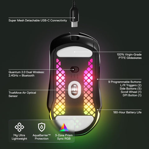 SteelSeries Aerox 5 Wireless - Holey RGB Gaming Mouse - Ultra-Lightweight Water Resistant Design - 9 Buttons - Bluetooth/2.4 GHz - 18K DPI TrueMove Air Optical Sensor, Black
