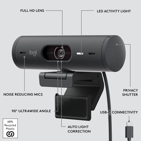 Logitech Brio 500 Full HD Webcam with Auto Light Correction, Show Mode, Dual Noise Reduction Mics, Webcam Privacy Cover, Works with Microsoft Teams, Google Meet, Zoom, USB-C Cable, Streaming-Graphite