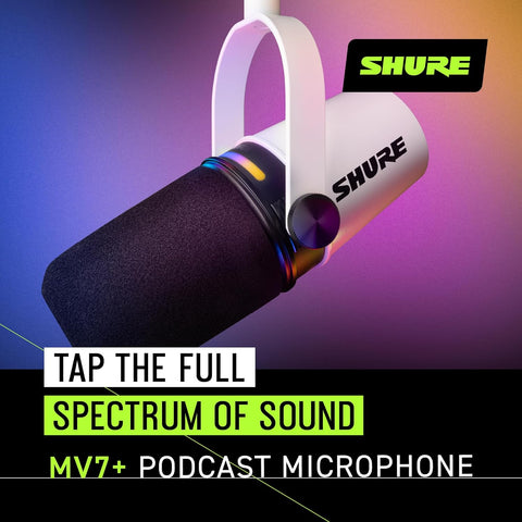 Shure MV7+ Podcast Microphone. Enhanced Audio, LED Touch Panel, USB-C & XLR Outputs, Auto Level Mode, Digital Pop Filter, Reverb Effects, Podcasting, Streaming, Recording - White