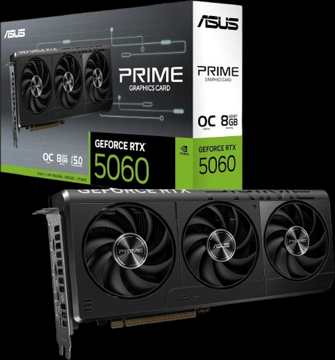 ASUS Prime GeForce RTX 5060 8GB GDDR7 OC Edition Gaming Graphics Card (Nvidia GeForce RTX5060 DLSS 4, 2.5-Slot Design, PCIe 5.0, 3X DisplayPort 2.1b, 1x HDMI 2.1b, PRIME-RTX5060-O8G)