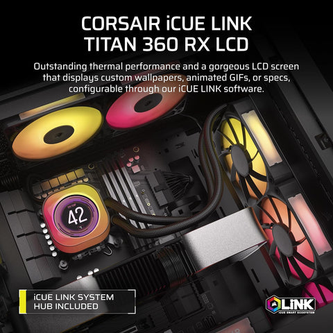 Corsair ICUE Link Titan 360 RX LCD Liquid CPU Cooler, 360mm AIO, Low-Noise, FlowDrive Cooling Engine, Intel LGA 1851/1700, AMD Am5/am4, 3x Rx120 RGB Fans, ICUE Link System Hub Included, Black