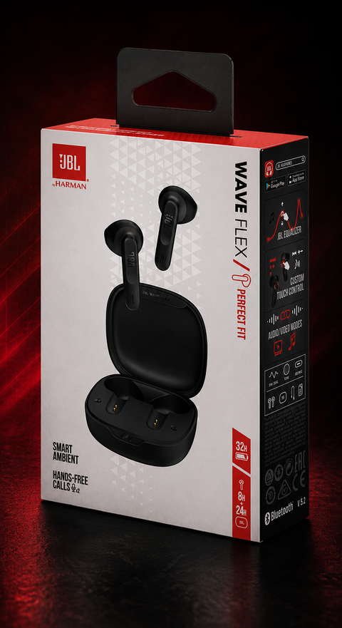 JBL Wave Flex, in-Ear Wireless Earphones with IP54 and IPX2 Waterproofing, TalkThru and AmbientAware Technology and 32 Hours Battery Life, Black