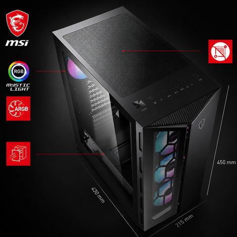 MSI MPG GUNGNIR 110R Mid-Tower PC Case - Tempered Glass, ATX, M-ATX & Mini-ITX Capacity, 4 x 120mm ARGB fans with Hub Controller, Magnetic Dust Filter, USB 3.2 Gen 2x2 Type-C, Gen 1 Type-A Ports