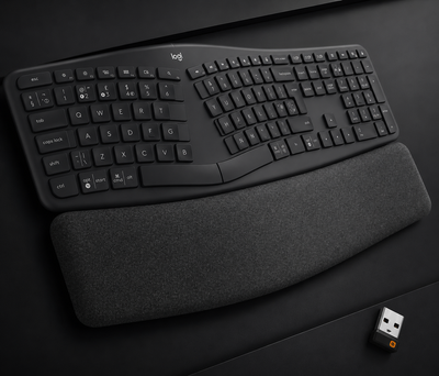 Logitech Ergo K860 Wireless Ergonomic, Split Layout, Wrist Rest, Natural Typing, Stain-Resistant Fabric, Windows/Mac, Bluetooth and USB, QWERTY UK English, Grey
