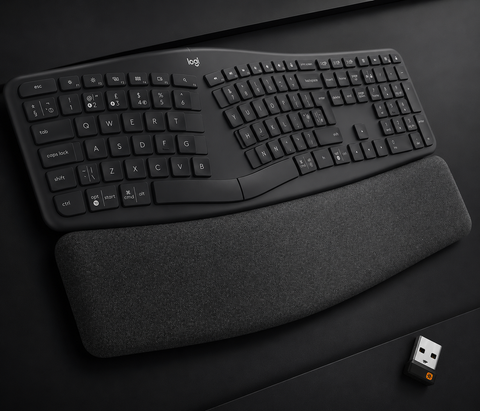 Logitech Ergo K860 Wireless Ergonomic, Split Layout, Wrist Rest, Natural Typing, Stain-Resistant Fabric, Windows/Mac, Bluetooth and USB, QWERTY UK English, Grey