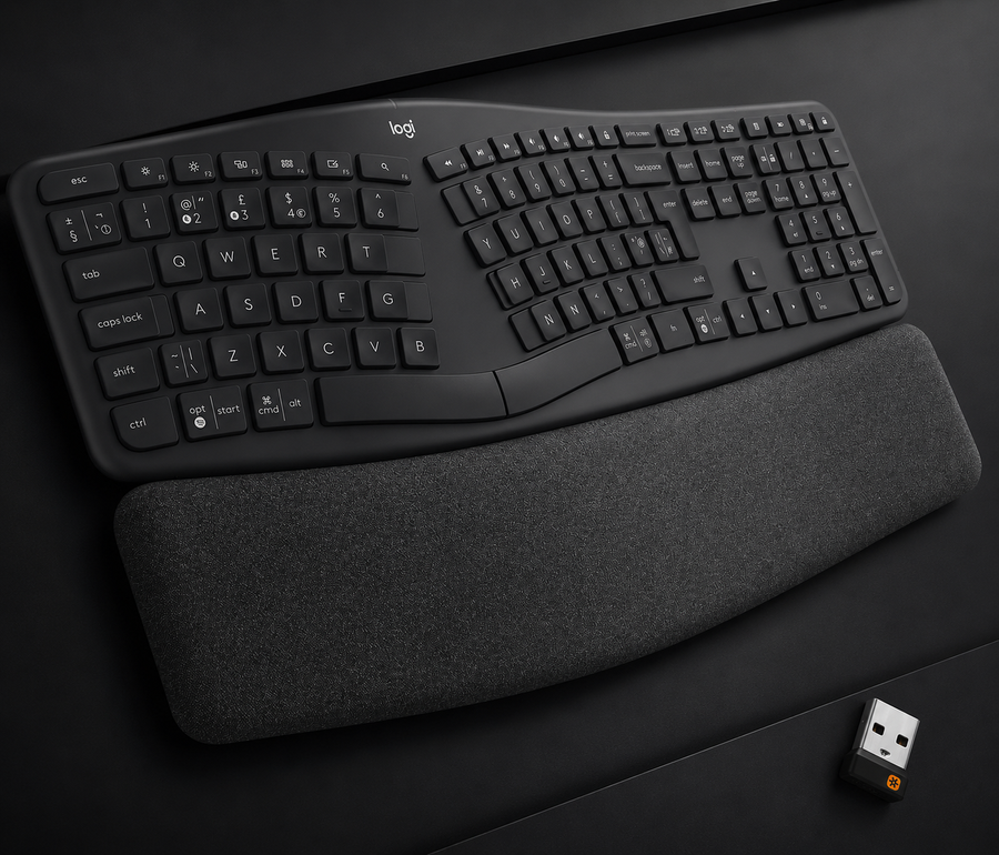 Logitech Ergo K860 Wireless Ergonomic, Split Layout, Wrist Rest, Natural Typing, Stain-Resistant Fabric, Windows/Mac, Bluetooth and USB, QWERTY UK English, Grey