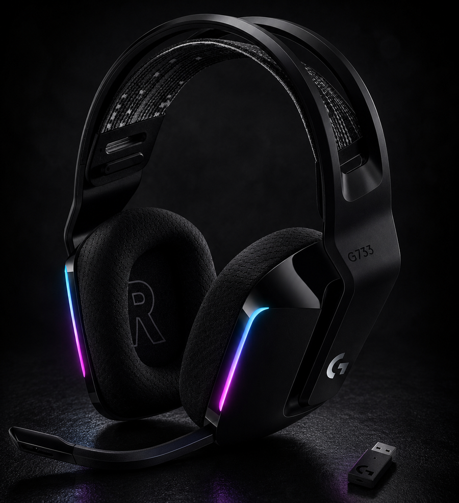 Logitech G733 LIGHTSPEED Wireless Gaming Headset with suspension headband, LIGHTSYNC RGB, Blue VO!CE mic technology and PRO-G audio drivers, Lightweight, 29 Hour battery life, 20m range - Black